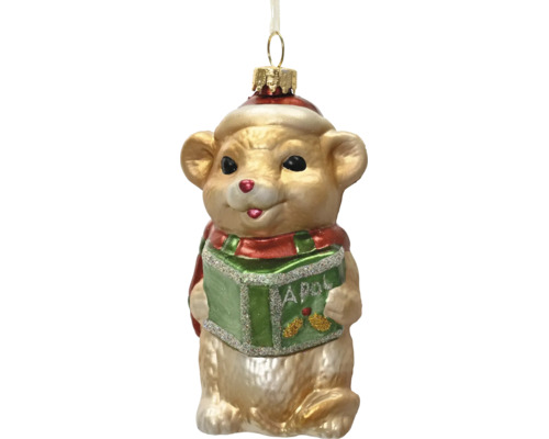 Weihnachtsbaumanhänger aus Glas in Form einer Maus mit Buch, Mütze und Schal.