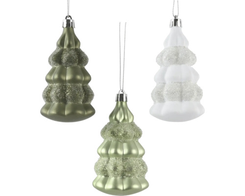Weihnachtsbaumschmuck aus Glas in Tannenbaumform, drei verschiedene Farben mit glitzernden und glatten Oberflächen.