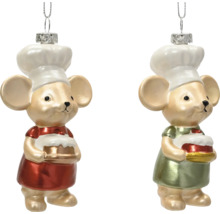 Christbaumschmuck aus Glas, zwei Mäuse mit Kochmützen und Torten in roten und grünen Kleidern.