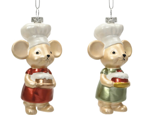 Christbaumschmuck aus Glas, zwei Mäuse mit Kochmützen und Torten in roten und grünen Kleidern.