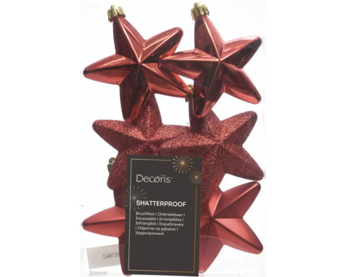 Rote bruchfeste Weihnachtssterne von Decoris mit glänzender und glitzernder Oberfläche.