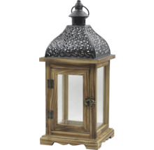 Laterne aus Holz mit Metalldach und Glaseinsätzen, Tür mit Verschluss und Tragegriff.