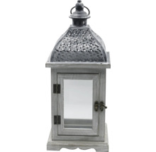 Laterne aus Holz mit Metalldach und Glaseinsätzen, rustikaler Stil, grau gewischt.