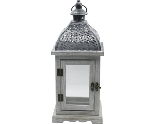 Laterne aus Holz mit Metalldach und Glaseinsätzen, rustikaler Stil, grau gewischt.