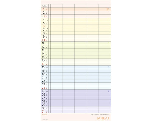 Monatskalender für Jänner 2027 mit Spalten für die Tagesplanung, Datumsangaben, Wochentagen, Kalenderwochen und einem Feld für Notizen.