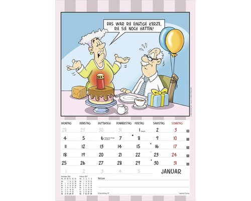 Cartoon-Kalenderblatt für Jänner 2027 mit einer Illustration einer Frau, die eine Grabkerze auf eine Geburtstagstorte stellt.