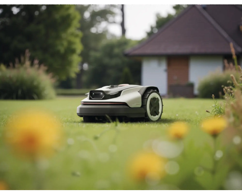 Moderner Mähroboter mäht einen gepflegten Rasen in einem Garten vor einem Haus.