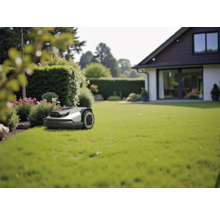 Mähroboter auf einer grünen Rasenfläche in einem gepflegten Garten mit modernem Wohnhaus und Hecken.