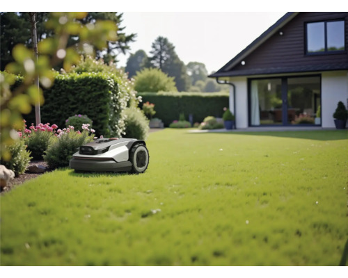 Mähroboter auf einer grünen Rasenfläche in einem gepflegten Garten mit modernem Wohnhaus und Hecken.