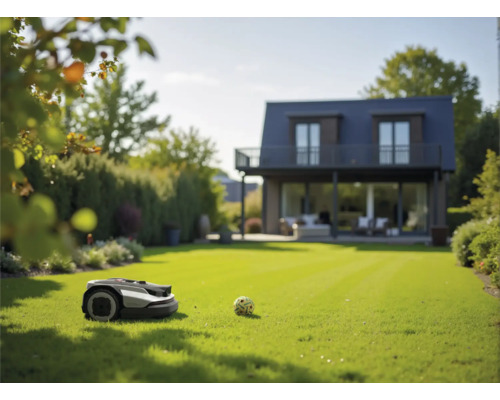 Mähroboter auf einer gepflegten Rasenfläche vor einem modernen Wohnhaus mit Terrasse und Garten.