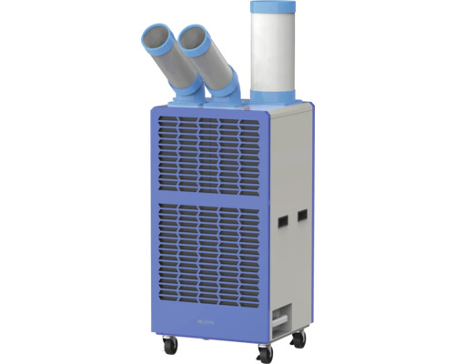 Mobile Klimaanlage Spotcooler von BE COOL mit zwei verstellbaren Luftauslässen, einem Abluftrohr und Rollen.