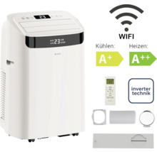 Mobiles Klimagerät mit Heizfunktion, drahtloser Steuerung, Energieeffizienzklasse A plus und A plus plus, Invertertechnik, Fernbedienung und Zubehör.