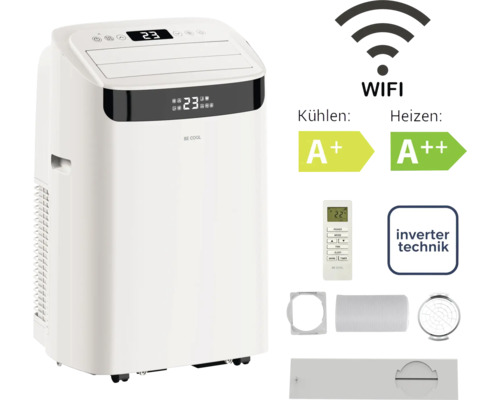 Mobiles Klimagerät mit Heizfunktion, drahtloser Steuerung, Energieeffizienzklasse A plus und A plus plus, Invertertechnik, Fernbedienung und Zubehör.