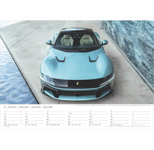 Kalenderblatt für Jänner mit der Frontansicht eines hellblauen Ferrari 12Cilindri.