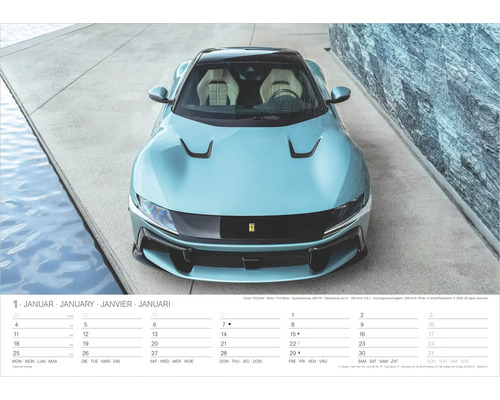 Kalenderblatt für Jänner mit der Frontansicht eines hellblauen Ferrari 12Cilindri.