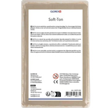 Rückseite der Verpackung von GLOREX Soft-Ton mit GLOREX Logo, lufttrocknender Naturton für Kinder, inklusive CE-Kennzeichnung und Warnhinweisen.
