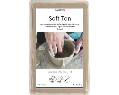 GLOREX Logo, GLOREX Soft-Ton, lufttrocknender weißer Naturton, 1000 Gramm, Trocknungszeit 12 bis 24 Stunden, überstreichbar.