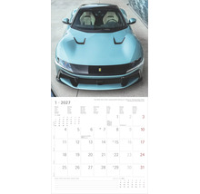 Wandkalender Blatt für Jänner 2027 mit einer Abbildung eines hellblauen Ferrari 12Cilindri Sportwagens in der Frontansicht.