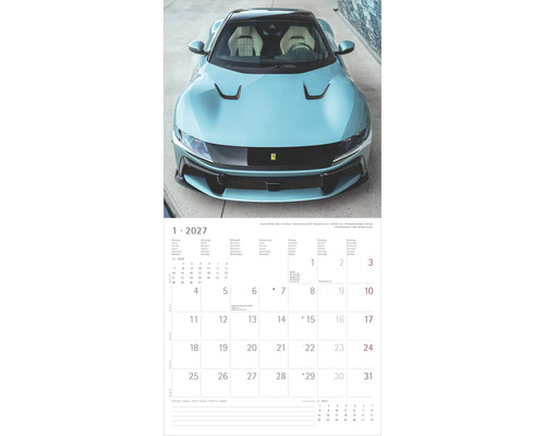 Wandkalender Blatt für Jänner 2027 mit einer Abbildung eines hellblauen Ferrari 12Cilindri Sportwagens in der Frontansicht.