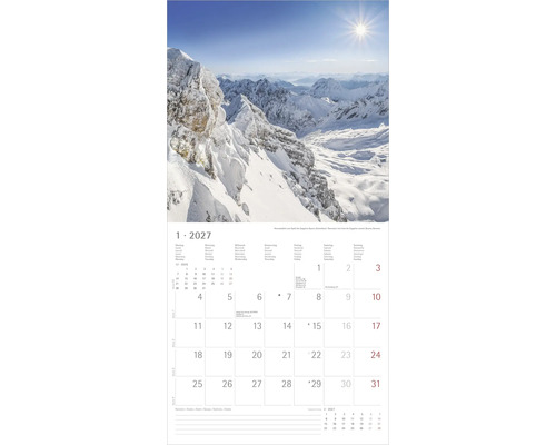 Wandkalender für Jänner 2027 mit einem Panoramablick vom Gipfel der Zugspitze in Bayern.