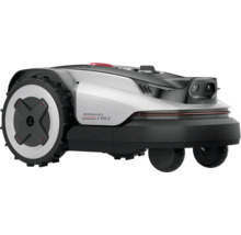 Mähroboter ohne Begrenzungskabel mit Sensoren und großen Rädern.