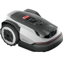 Roborock Mähroboter mit Boundary Free Technologie für kabelloses Mähen, modernes Design mit profilierten Rädern und Bedienfeld.