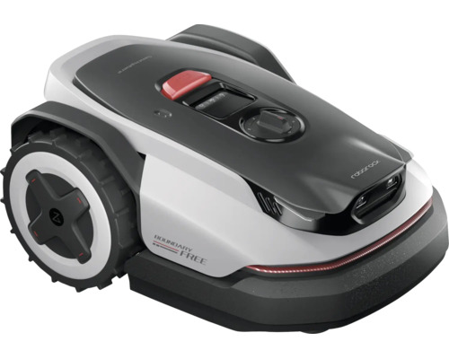 Roborock Mähroboter mit Boundary Free Technologie für kabelloses Mähen, modernes Design mit profilierten Rädern und Bedienfeld.