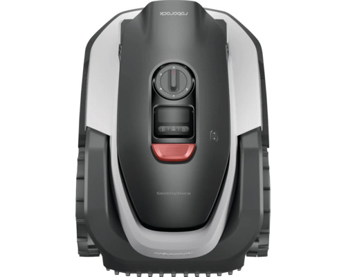 Roborock Mähroboter Sentisphere Draufsicht mit Bedienfeld, Display und Stopp-Taste.