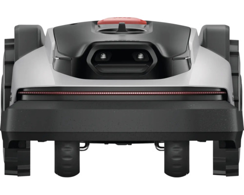 Mähroboter in Frontansicht mit Sensoren und Lichtleiste.