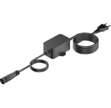 Schwarzer Transformator für LED-Beleuchtung mit Netzstecker und vierpoligem Rundstecker.