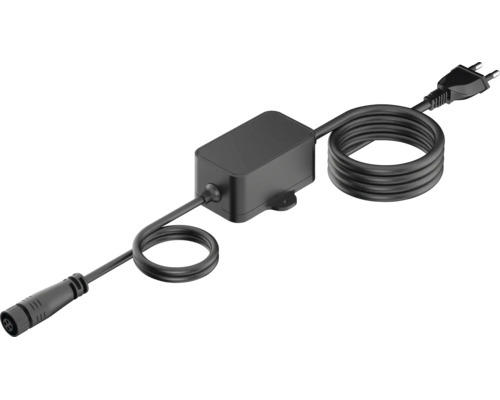 Schwarzer Transformator für LED-Beleuchtung mit Netzstecker und vierpoligem Rundstecker.