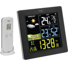 TFA Funk-Wetterstation mit Außensensor, Anzeige von Wettervorhersage, Innentemperatur, Außentemperatur, Luftfeuchtigkeit, Uhrzeit und Datum.