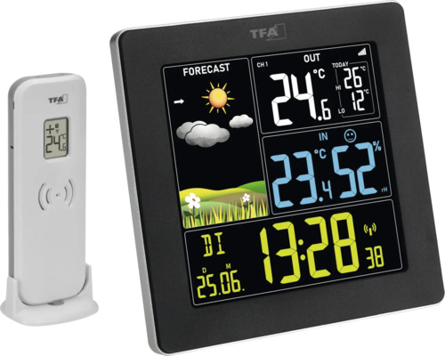 TFA Funk-Wetterstation mit Außensensor, Anzeige von Wettervorhersage, Innentemperatur, Außentemperatur, Luftfeuchtigkeit, Uhrzeit und Datum.