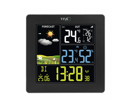 Digitale TFA Wetterstation mit Anzeige für Wettervorhersage, Temperatur, Luftfeuchtigkeit und Uhrzeit sowie TFA Logo.