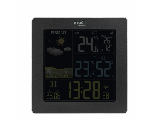 Digitale Wetterstation mit Anzeige für Wettervorhersage, Innen- und Außentemperatur, Luftfeuchtigkeit, Uhrzeit und Datum. TFA Logo.