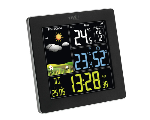 Digitale Wetterstation von TFA mit Anzeige für Innen- und Außentemperatur, Luftfeuchtigkeit, Wettervorhersage, Uhrzeit und Datum.