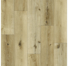 Bodenbelag in Holzoptik mit natürlicher Maserung und Astlöchern im Design Eiche hell.