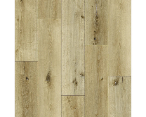 Bodenbelag in Holzoptik mit natürlicher Maserung und Astlöchern im Design Eiche hell.