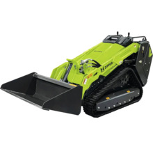 Grüner Zipper Minilader mit Kettenantrieb und schwarzer Frontschaufel.