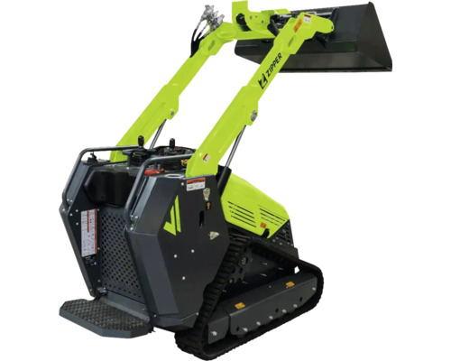 Zipper Kompaktlader mit Kettenantrieb und Frontschaufel, Baumaschine für Erdarbeiten in Grün und Grau.