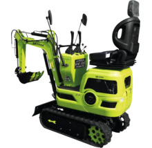 Grüner Zipper Minibagger mit Gummiketten, verstellbarem Ausleger, Grabschaufel und Fahrersitz für Garten- und Landschaftsbau.