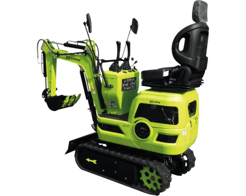 Grüner Zipper Minibagger mit Gummiketten, verstellbarem Ausleger, Grabschaufel und Fahrersitz für Garten- und Landschaftsbau.
