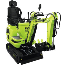 Zipper Minibagger in Grün mit Kettenlaufwerk, hydraulischem Arm, Schaufel und schwarzem Sitz für Bau- und Gartenarbeiten.