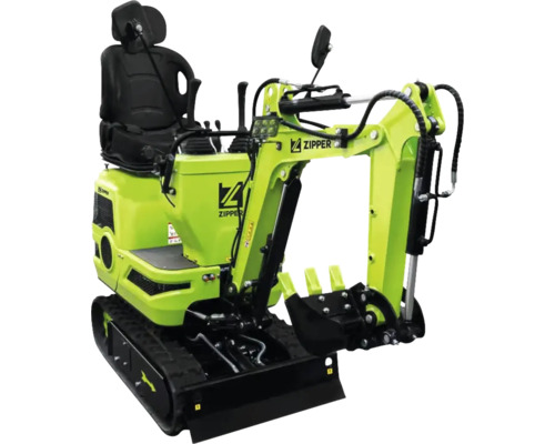 Zipper Minibagger in Grün mit Kettenlaufwerk, hydraulischem Arm, Schaufel und schwarzem Sitz für Bau- und Gartenarbeiten.