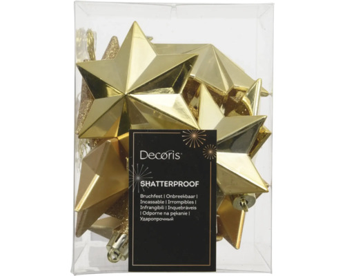 Goldfarbener Weihnachtsbaumschmuck Sterne aus Kunststoff, bruchfest, glänzende und glitzernde Oberflächen, Marke Decoris.