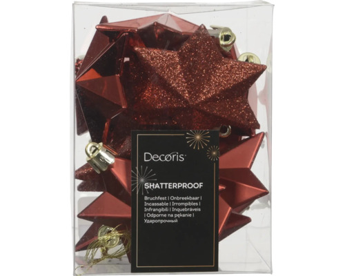 Rote bruchfeste Weihnachtssterne von Decoris in einer Packung mit verschiedenen Oberflächenstrukturen.