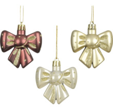 Drei Christbaumkugeln in Schleifenform mit Glitzerverzierung in Gold und Bordeaux.