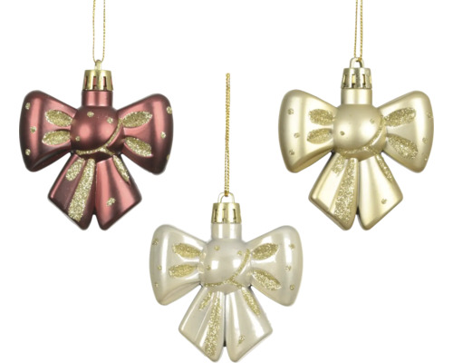 Drei Christbaumkugeln in Schleifenform mit Glitzerverzierung in Gold und Bordeaux.