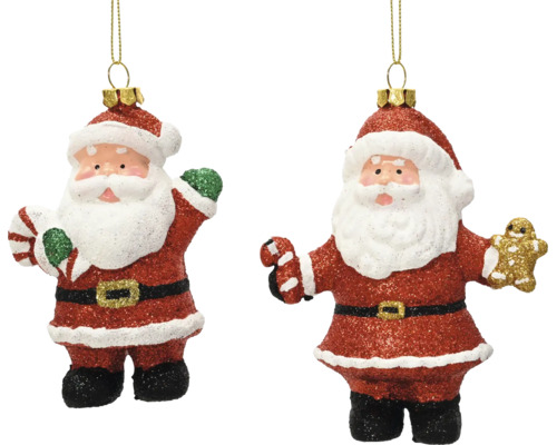 Weihnachtsbaumschmuck Set 2-teilig, Glasfiguren Weihnachtsmann mit Glitzer, Zuckerstange und Lebkuchenmann