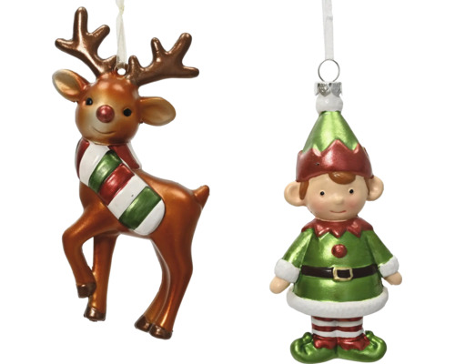 Weihnachtsbaumanhänger Set bestehend aus einer Rentierfigur mit Schal und einer Elfenfigur in grüner und roter Kleidung.